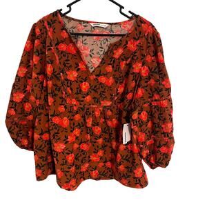 Sonoma Corduroy Blouse Womens Size 1X Orange Brown Peasant Floral V Neck Boho
